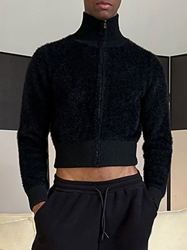 Stylish Men's Solid Zip Front Fleece Crop Top