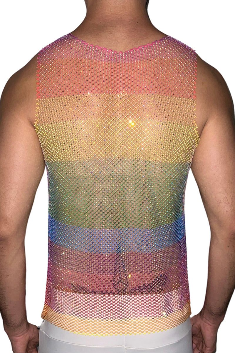 Unisex Shiny Mesh Rhinestone Raw Cut Festival Tank Top