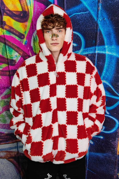 Christmas Checkerboard Faux Fur Long Sleeve Hoodie