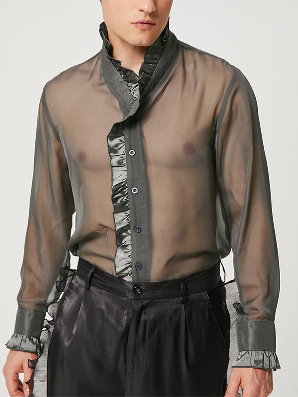 Men's Sheer Mesh Ruffle Trim See-Through Shirt