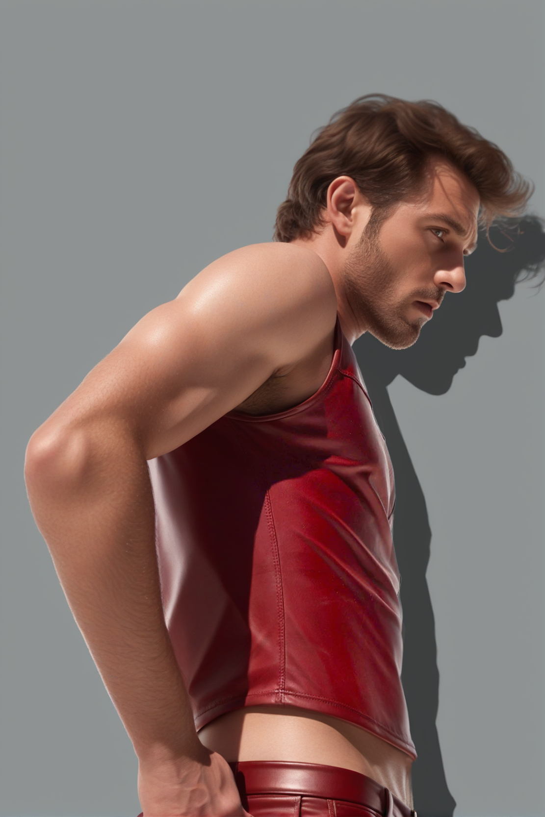 Men's Red Leather T-Neck Vest