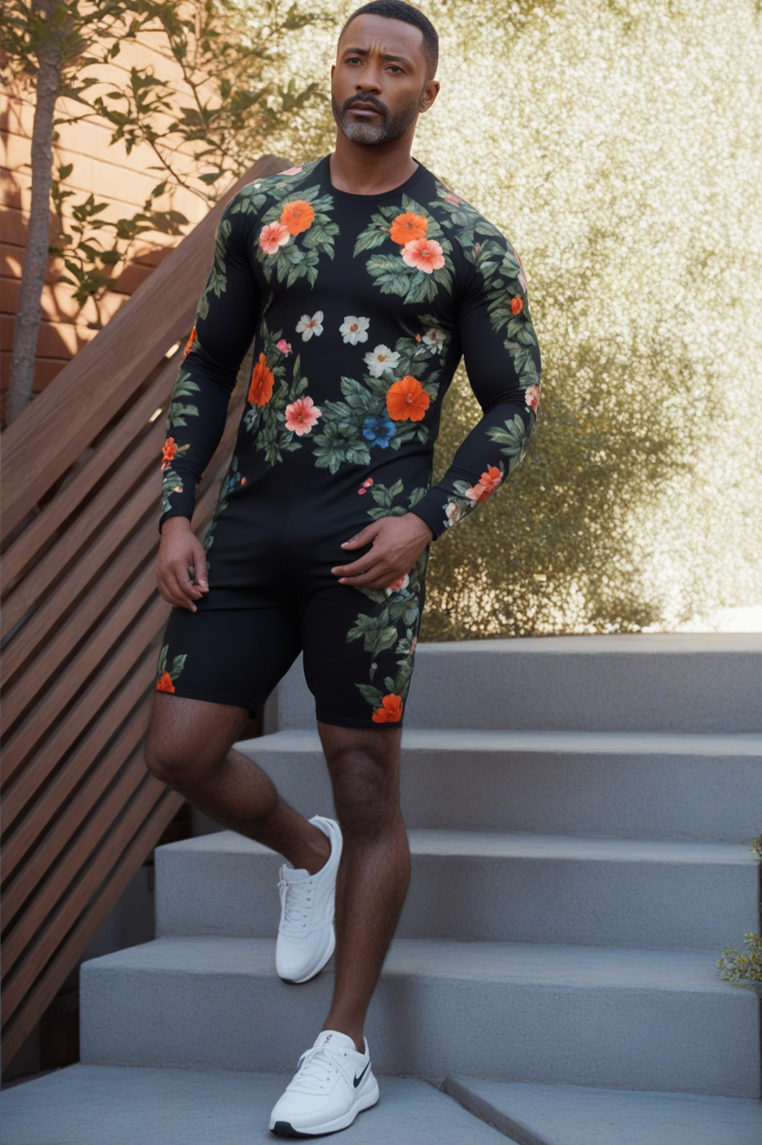 Men's Floral Print Long Sleeve Stretchy Bodycon Jumpsuit