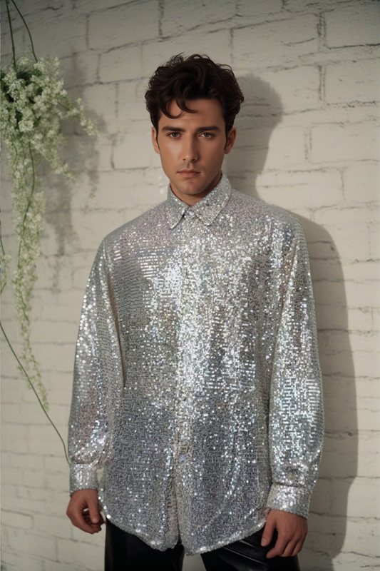 Unisex Metallic Silver Sequin Glitter Blouse - Long Sleeve Textured Loose Fit Shirt