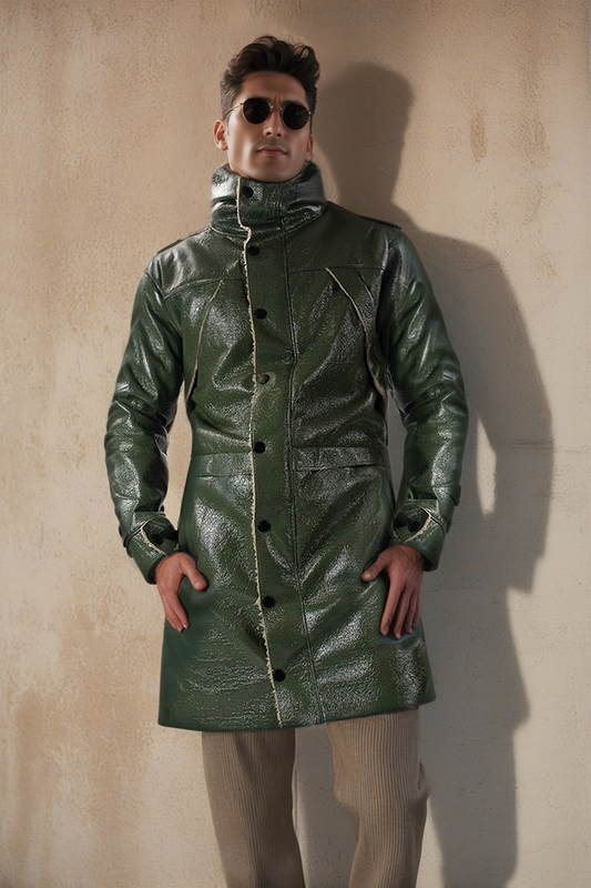 Glossy Green Leather Sherpa Coat