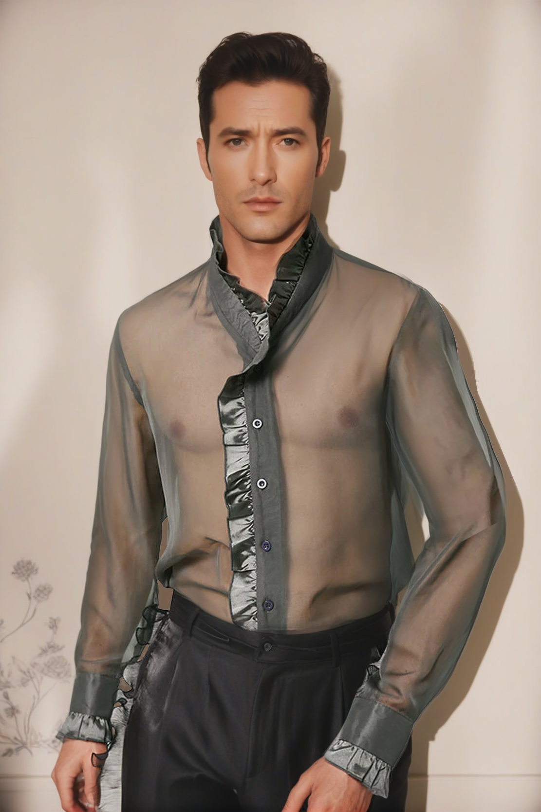 Men's Sheer Mesh Ruffle Trim See-Through Shirt