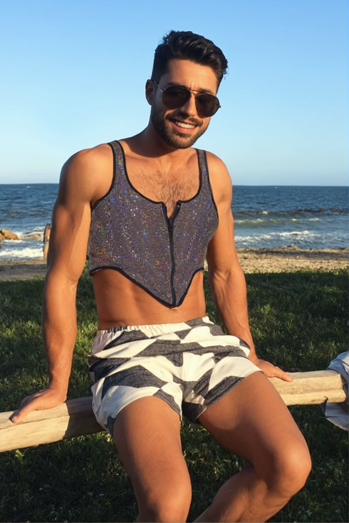 Men's Glitter Zipper Corset Tank Top