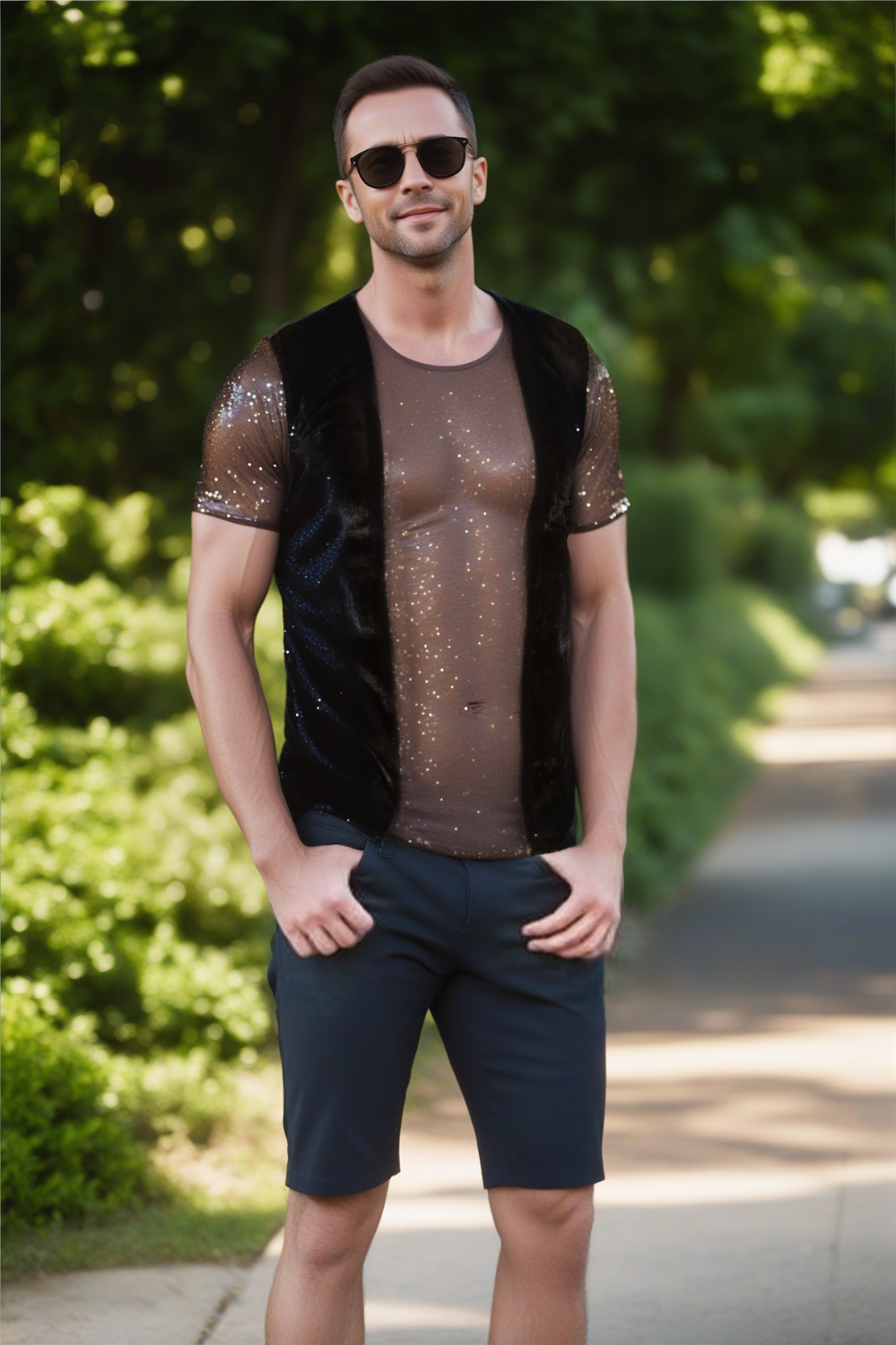 Men's Sequin Velvet Patchwork Slim Fit Round Neck Top