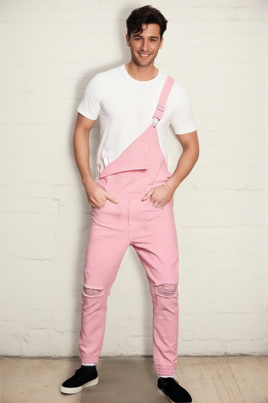 Casual Pink Slim-Fit Ripped Design Jumpsuit for Men