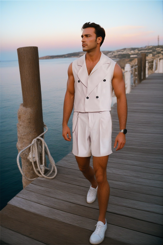 Fabpride Men's Resort-Style White Vest and Shorts Set