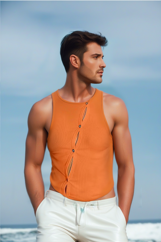 Men's Solid Color Hollow Out Button Tank Top