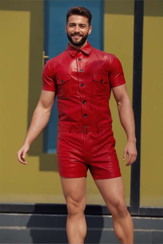 Men's PU Leather Button-Up Shirt and Shorts Set