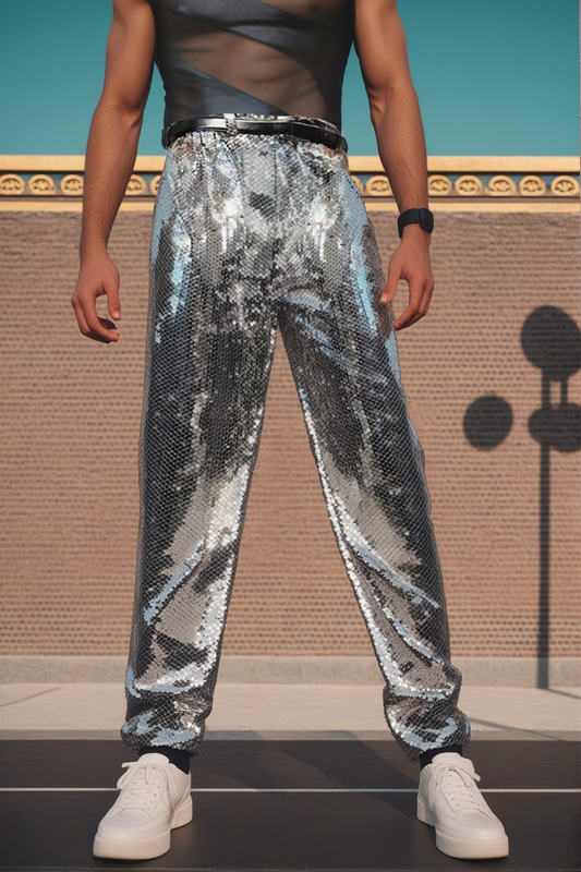 Fabpride Men's High-Shine Silver Sequin Pants