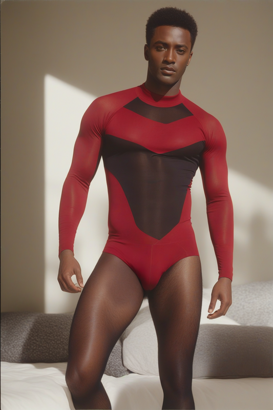 Sleek Red and Black Mesh Bodysuit