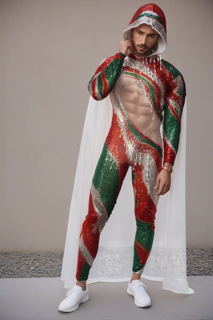 Fabpride Men's Festive Sequined Bodysuit with Hood