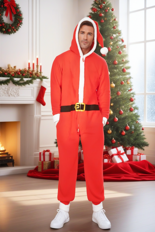 Men's Cozy Santa Jumpsuit with Fur Details