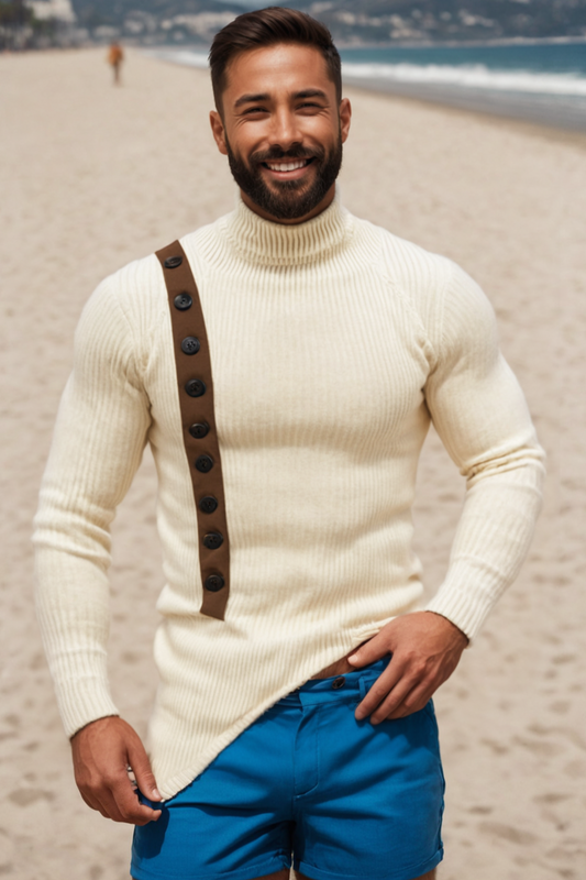 Men's Button Patchwork Textured Long Sleeve Sweater