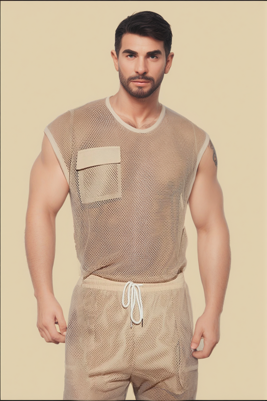 Men’s Sheer Tank Top and Shorts Combo – Flap Pocket & Patch Detail