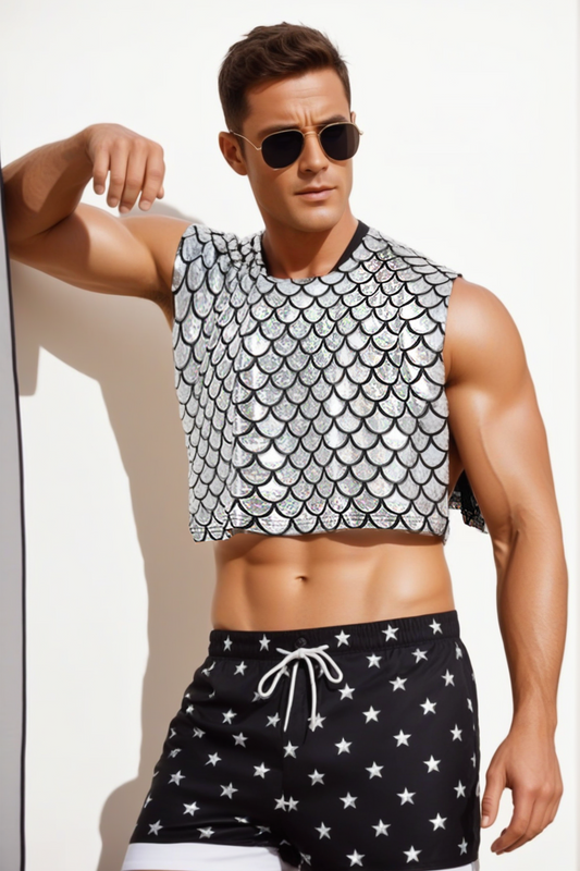 Men's Metallic Crew Neck Sleeveless Crop Top