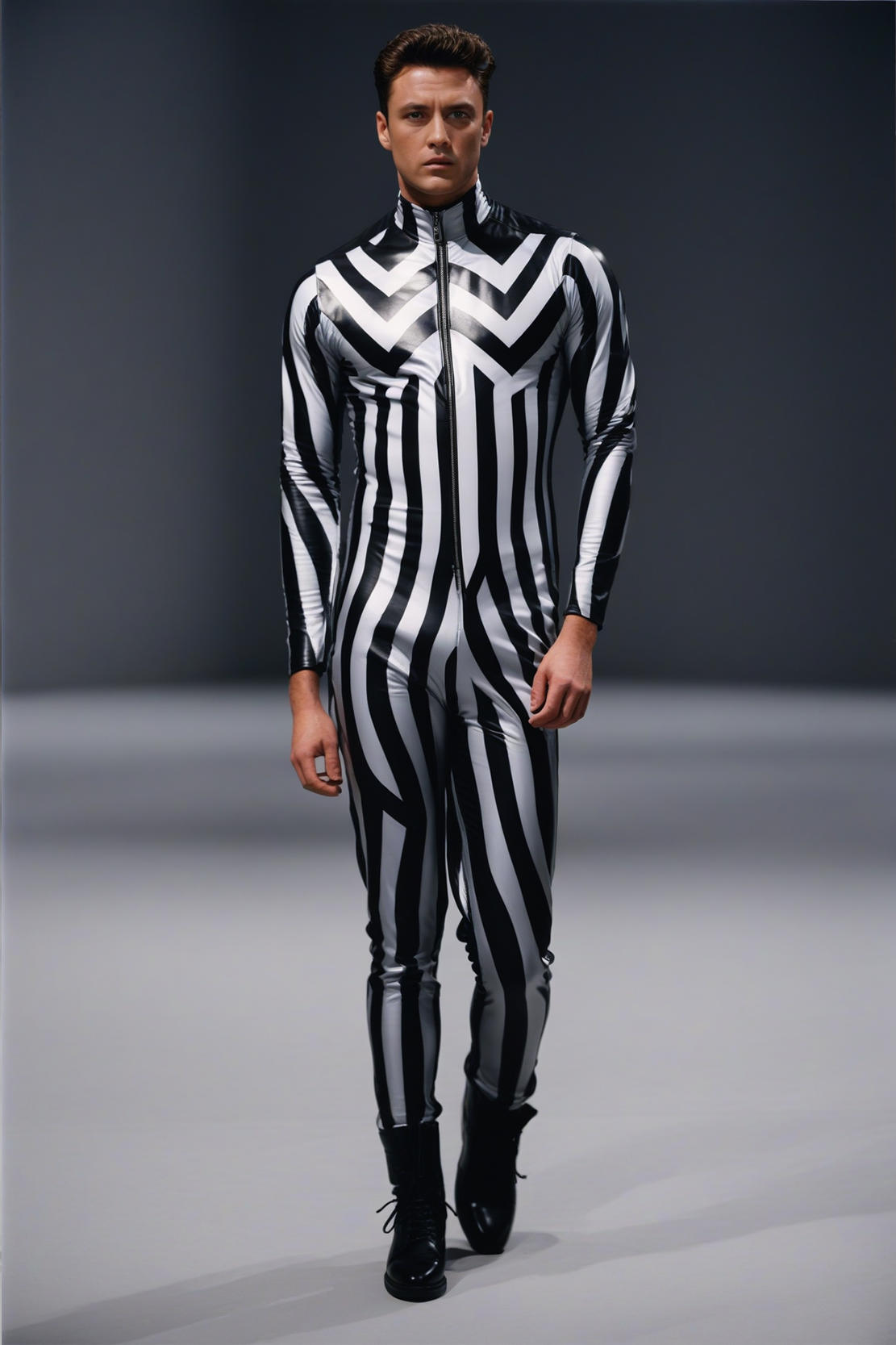 Men's Stripe Print High Neck Long Sleeve Bodycon Jumpsuit