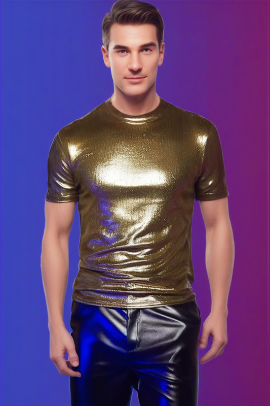 Men's Gold Sparkling Metallic Short Sleeve Shirt