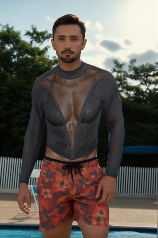 abpride Men's Sheer Mesh Long Sleeve Swim Top