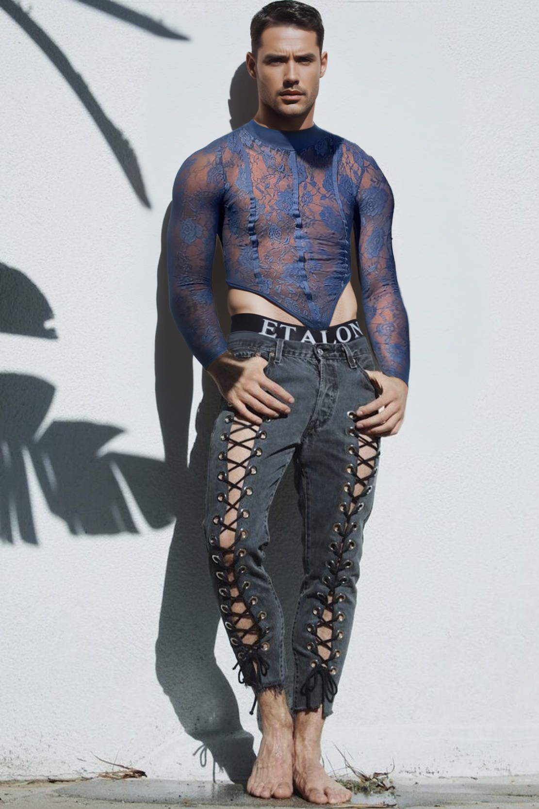 Bold and Stylish Men's Sheer Lace Long-Sleeve Top