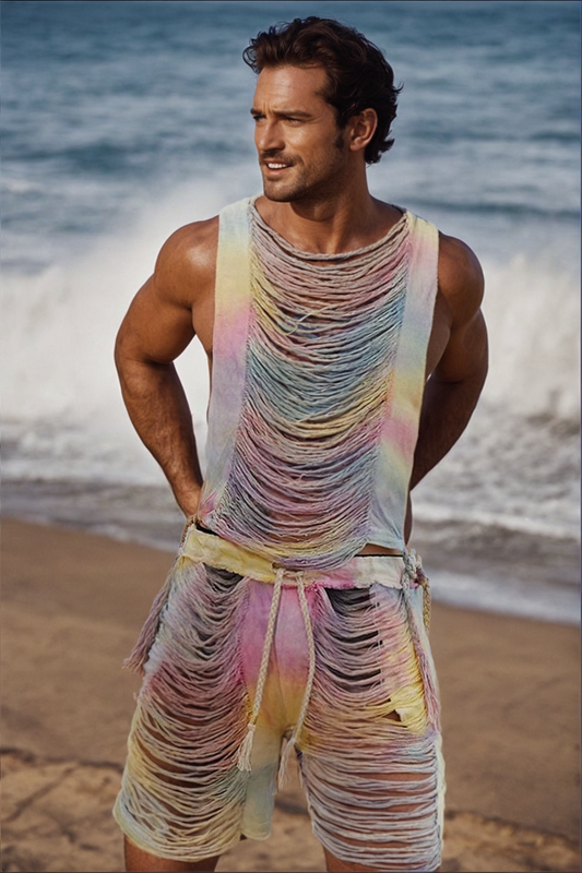 Vibrant Men's Tie-Dye Distressed Sleeveless Top and Shorts Set