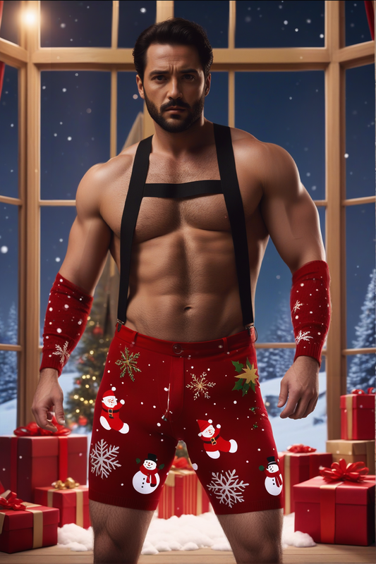 Fabpride Men's Festive Santa & Snowman Print Shorts with Holiday Suspenders