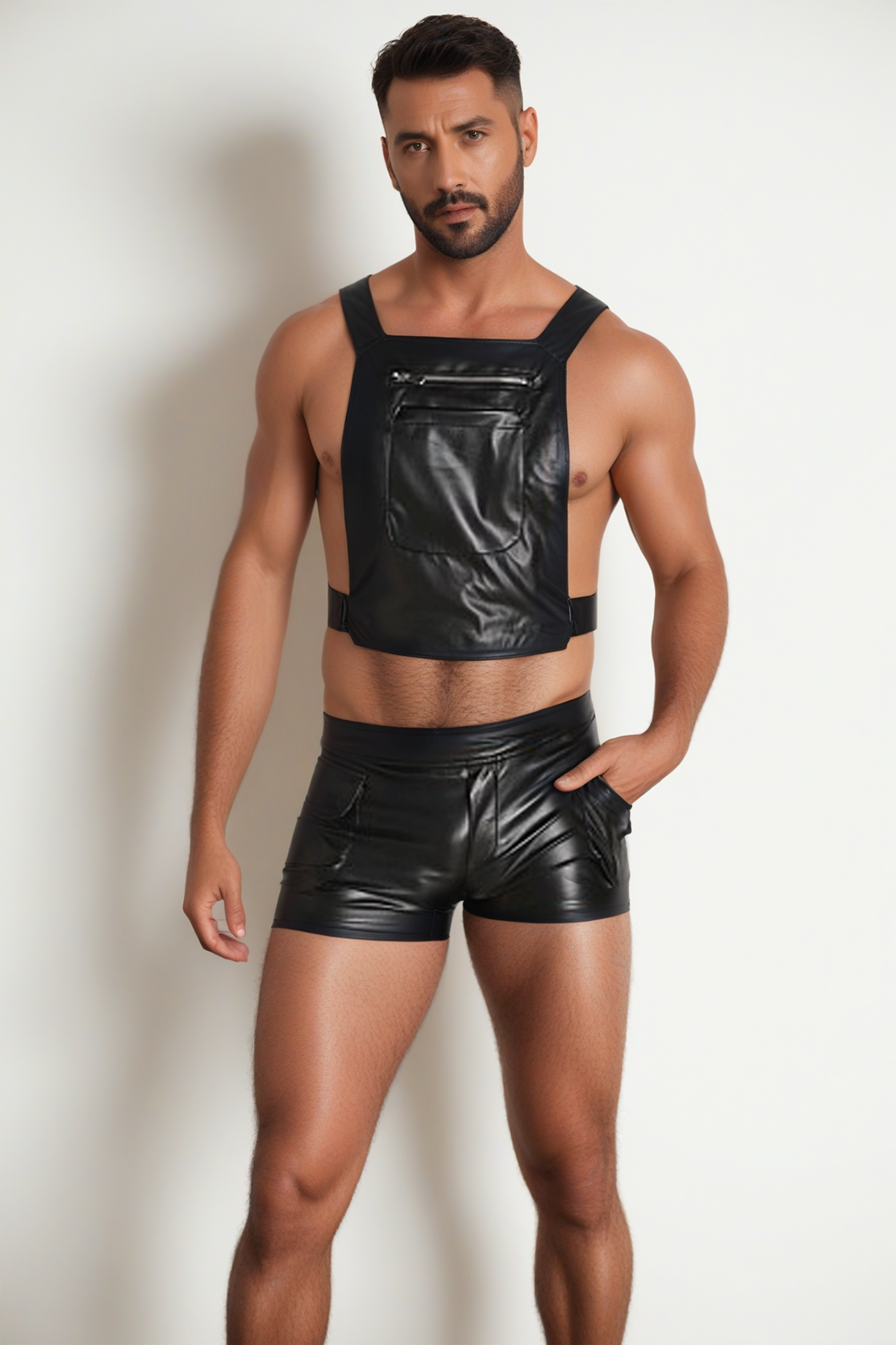 Fabpride Men’s Faux Leather Harness Top & Shorts Set