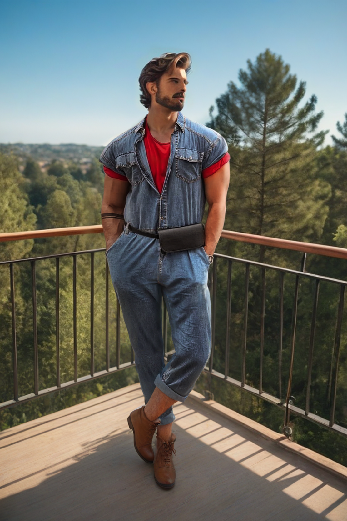 Casual Denim Jumpsuit with Rolled Sleeves - Men's Relaxed Fit One-Piece Outfit