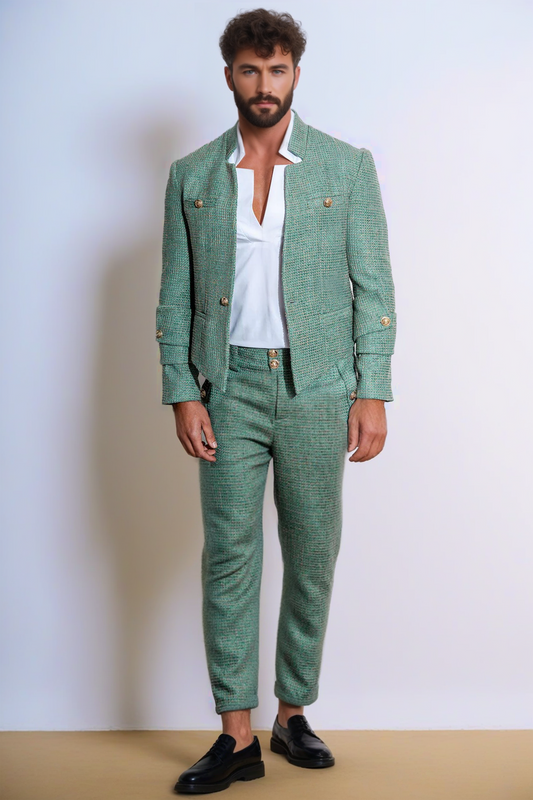 Stylish Green Textured Suit Set with Gold Accents