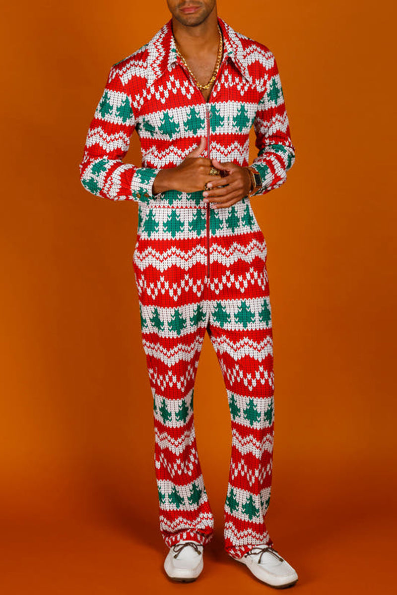 Christmas Tree Plaid Pajama Jumpsuit with Turndown Collar