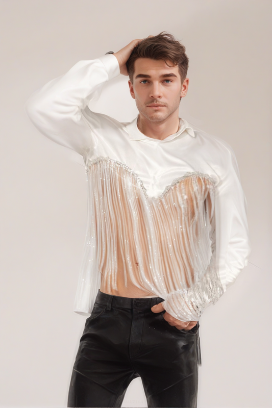 Men's Long Sleeve Fringed Woven Shirt