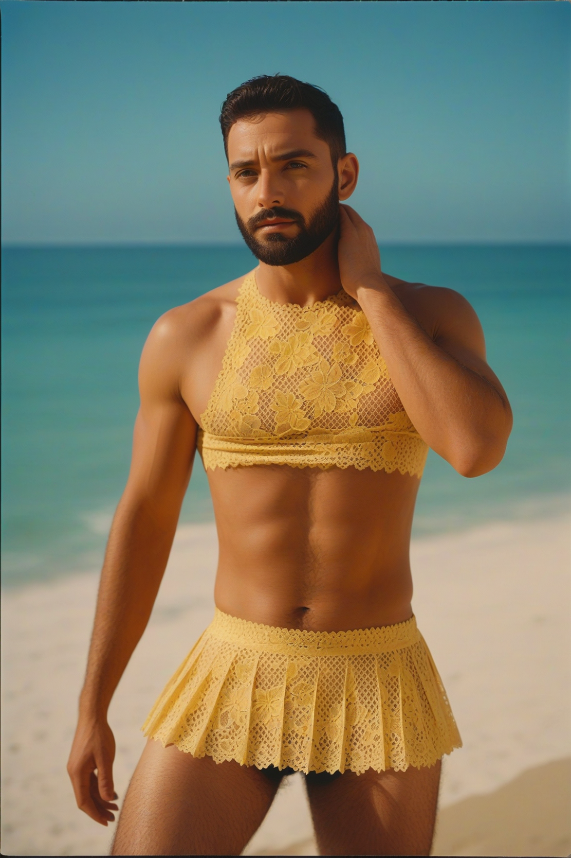 Fabpride Men's Yellow Lace Crop Top & Skirt Set