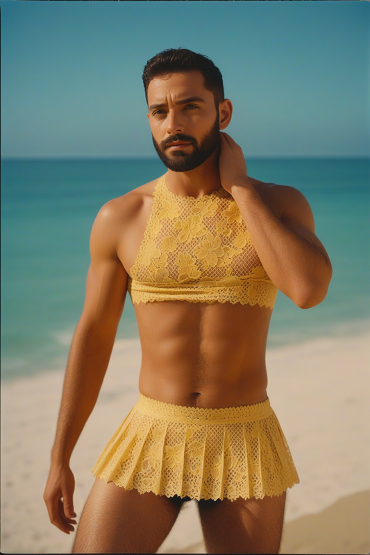 Fabpride Men's Yellow Lace Crop Top & Skirt Set