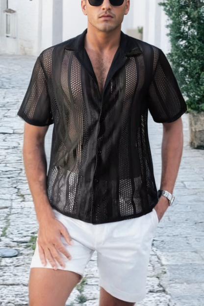 Fabpride Men's Sheer Striped Mesh Shirt