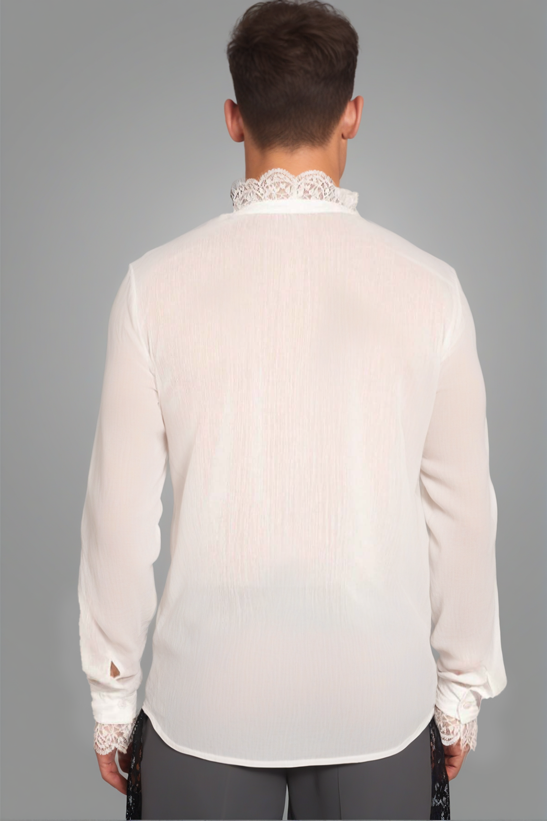 Men's White Lace-Trimmed Button-Up Shirt