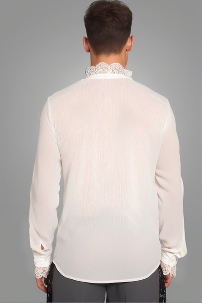 Men's White Lace-Trimmed Button-Up Shirt