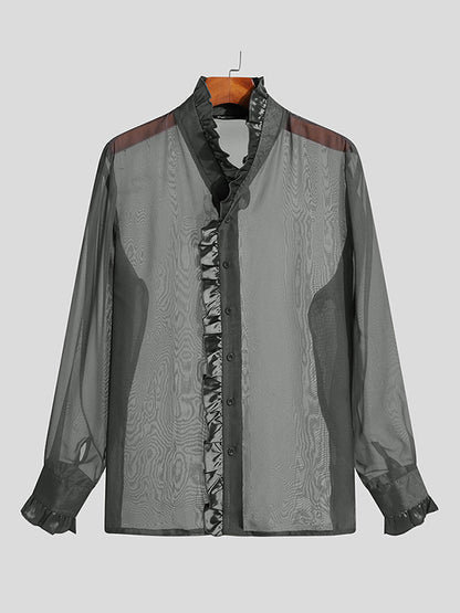 Men's Sheer Mesh Ruffle Trim See-Through Shirt