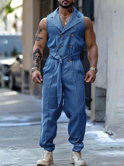 Mens Double-Breasted Solid Color Sleeveless Jumpsuit