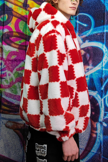 Christmas Checkerboard Faux Fur Long Sleeve Hoodie