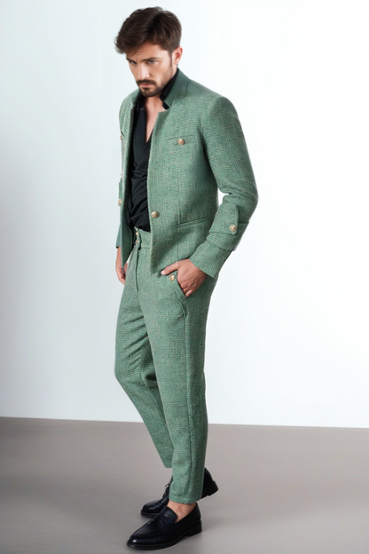 Stylish Green Textured Suit Set with Gold Accents