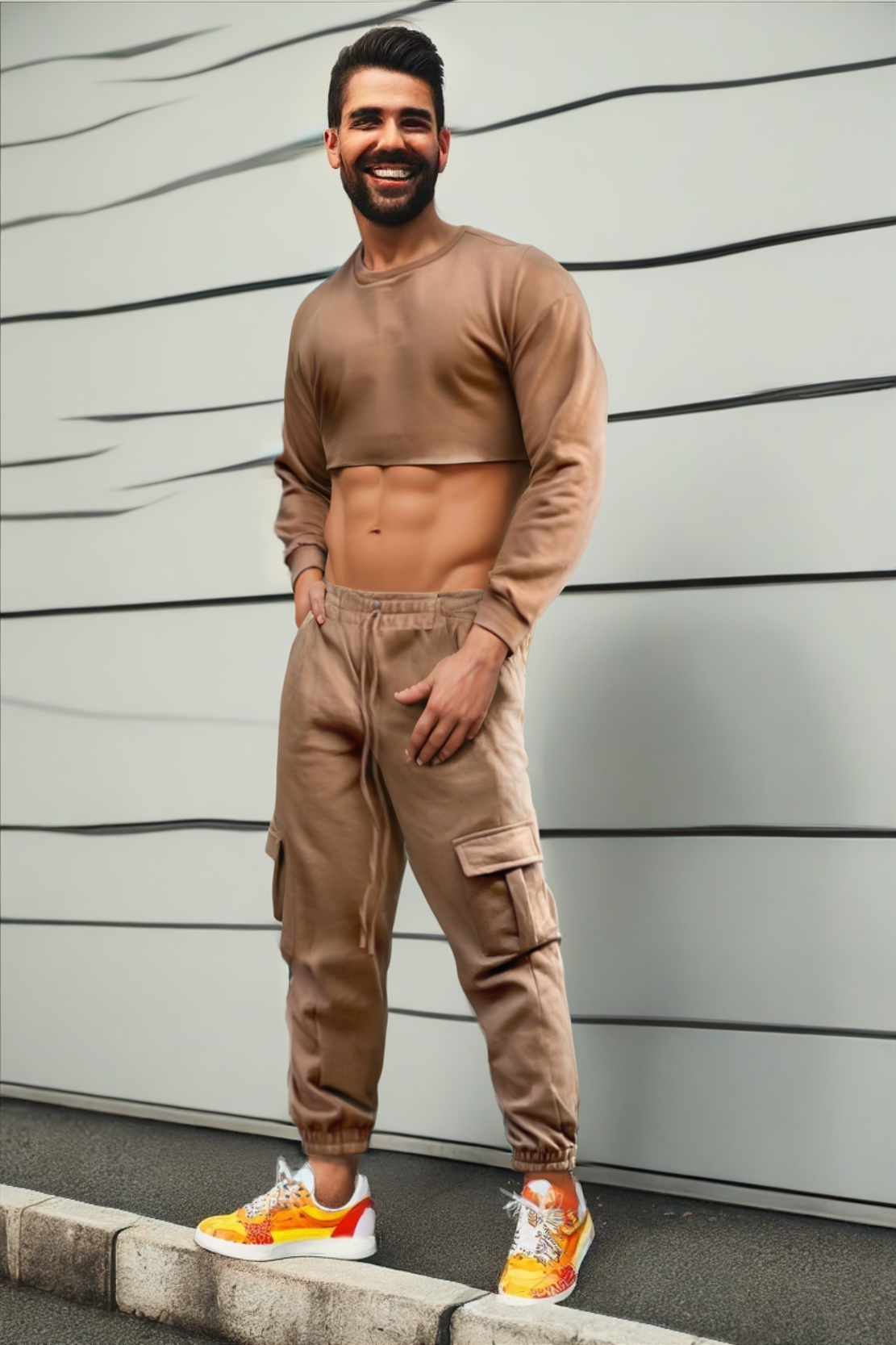 Casual Crop Top and Cargo Joggers Set for Men - Sporty Streetwear Style