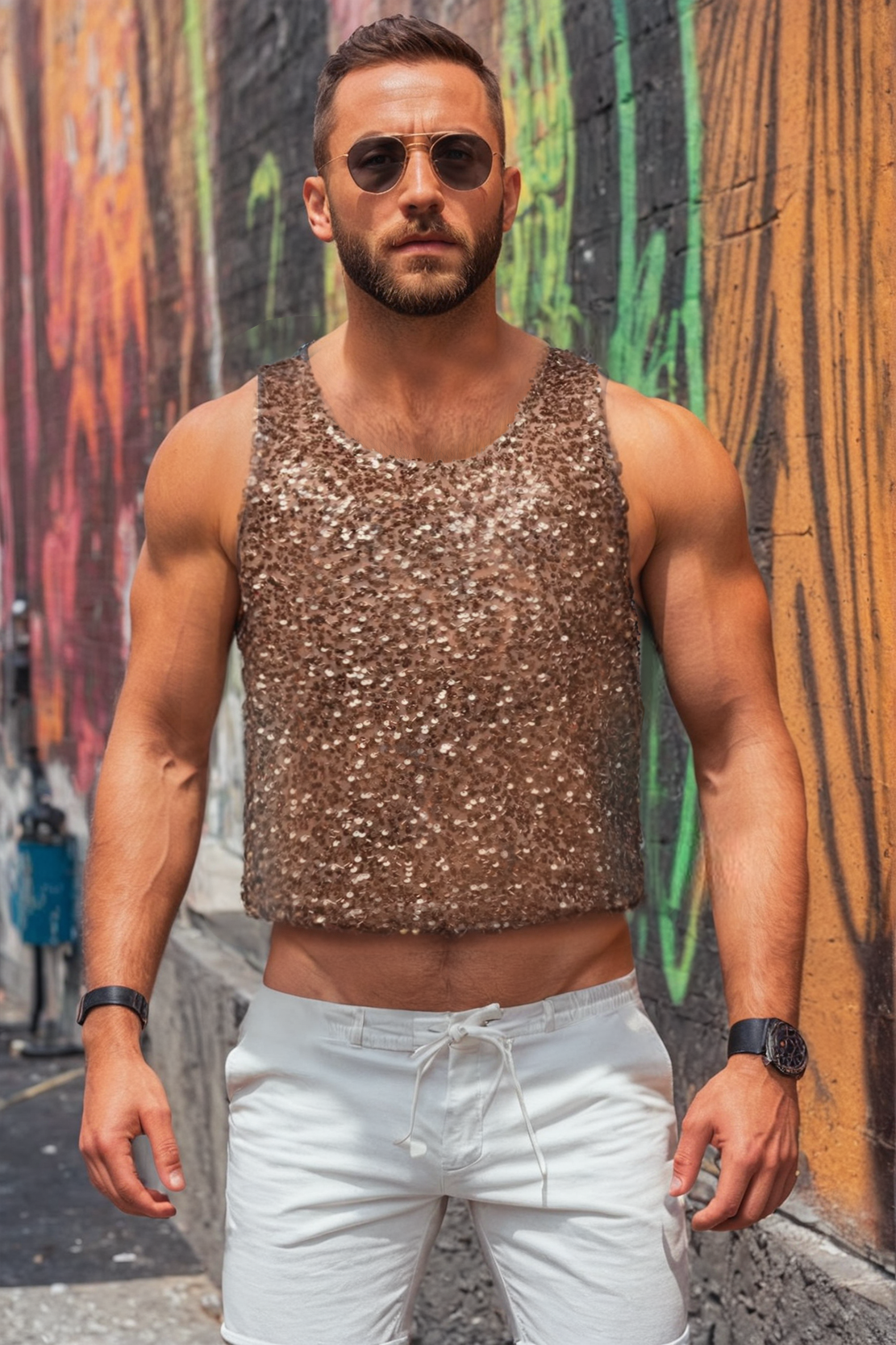 Men's Sequin Sleeveless Bronze Slim Fit Tank Top