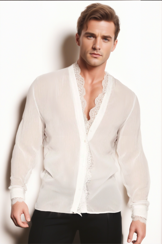 Men's White Lace-Trimmed Button-Up Shirt