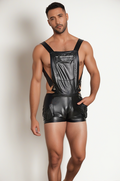 Fabpride Men’s Faux Leather Harness Top & Shorts Set