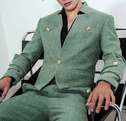 Stylish Green Textured Suit Set with Gold Accents