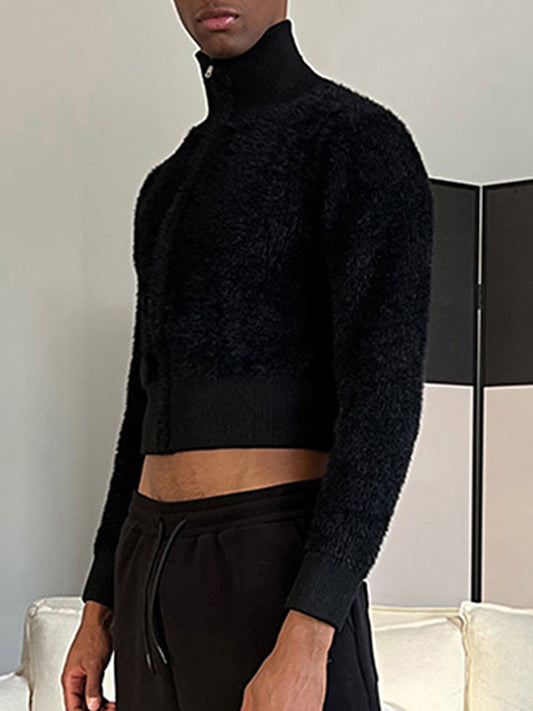 Stylish Men's Solid Zip Front Fleece Crop Top