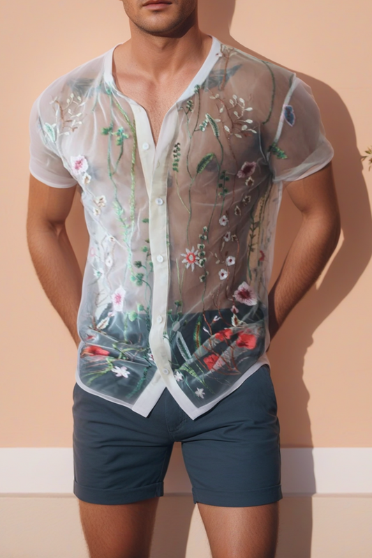 Fabpride Men's Sheer Floral Embroidered Shirt