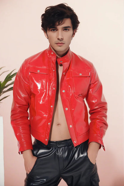 Red Hot Gloss: Men's High-Shine Vinyl Jacket